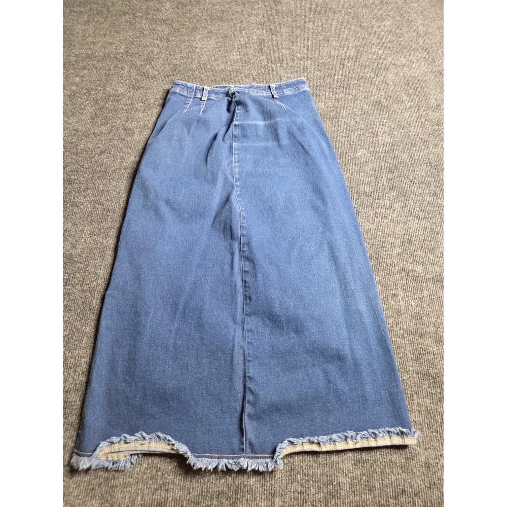 Susan Bristol Petite Blue Denim Maxi Skirt Raw Hem Side Slit Size 6P Vintage - Picture 5 of 6